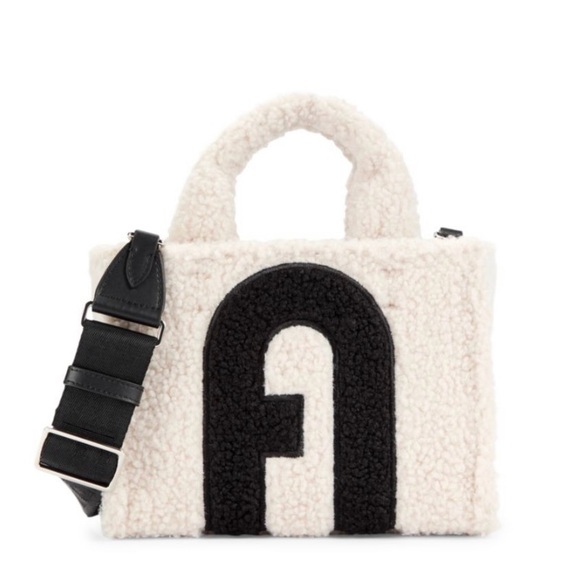 Furla Handbags - Furla Cream and Black Sherpa Crossbody Small Tote Bag with Black Strap